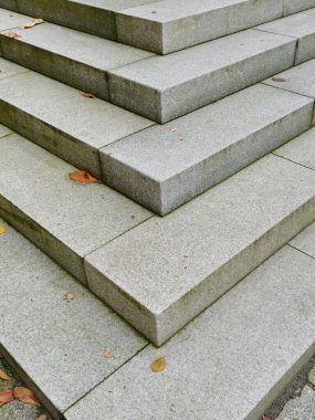 Geniş granit bir merdiven, temiz çizgiler ve pürüzsüz bir yüzey. Dağılmış sonbahar yaprakları basamaklara uzanarak mimarinin katı geometrisine doğal bir tezat oluşturur..