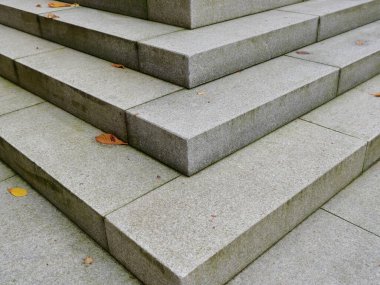 Geniş granit bir merdiven, temiz çizgiler ve pürüzsüz bir yüzey. Dağılmış sonbahar yaprakları basamaklara uzanarak mimarinin katı geometrisine doğal bir tezat oluşturur..