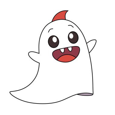 Vector illustration of a cartoon-style ghost with a cheerful face and small fangs. Adorable and simple design, perfect for decorations, stickers, or kids Halloween party themes.