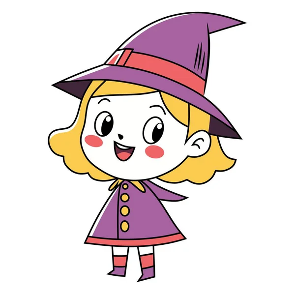 Cadı gibi giyinmiş, mor şapkalı ve parlak gülüşlü küçük bir kızın vektör çizimi. Tatlı çizgi film tarzı, dekorasyon, çıkartma ya da çocuk Cadılar Bayramı parti temaları için mükemmel..