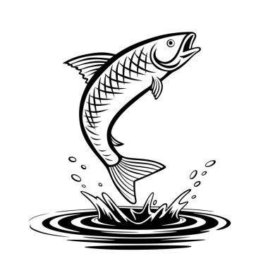 A dynamic illustration of a fish leaping out of the water, showcasing movement and energy. Perfect for fishing designs, logos, or aquatic-themed artwork.