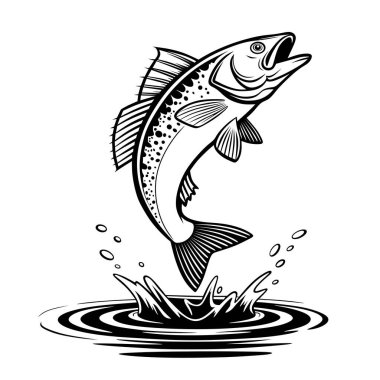 A dynamic illustration of a fish leaping out of the water, showcasing movement and energy. Perfect for fishing designs, logos, or aquatic-themed artwork.