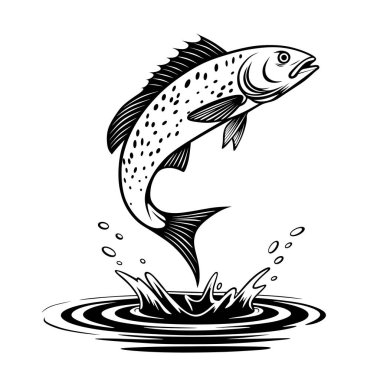 A dynamic illustration of a fish leaping out of the water, showcasing movement and energy. Perfect for fishing designs, logos, or aquatic-themed artwork.