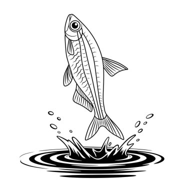 A dynamic illustration of a fish leaping out of the water, showcasing movement and energy. Perfect for fishing designs, logos, or aquatic-themed artwork.