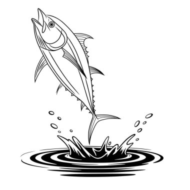 A dynamic illustration of a fish leaping out of the water, showcasing movement and energy. Perfect for fishing designs, logos, or aquatic-themed artwork.