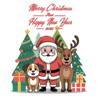 Noel Baba 'nın sevimli bir çizimi. Dost canlısı köpek ve ren geyikleriyle birlikte duruyor. Süslü Noel ağacı ve hediye kutuları, bayram teması, parlak renkler, neşeli bir atmosfer..