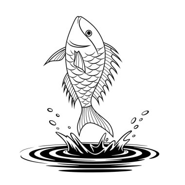 A dynamic illustration of a fish leaping out of the water, showcasing movement and energy. Perfect for fishing designs, logos, or aquatic-themed artwork.