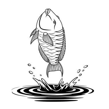 A dynamic illustration of a fish leaping out of the water, showcasing movement and energy. Perfect for fishing designs, logos, or aquatic-themed artwork.