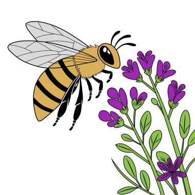 Mor çiçeklerden nektar toplayan bir arı resmi. Ayrıntılı kanatlar, çizgili gövde ve çiçek açan dallar güzel ve doğal bir manzara yaratır..