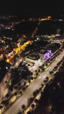 İspanya 'nın Malaga kentinin gece hava görüntülerinin insansız hava aracı videosu: Alcazaba, Gibralfaro ve binalar.