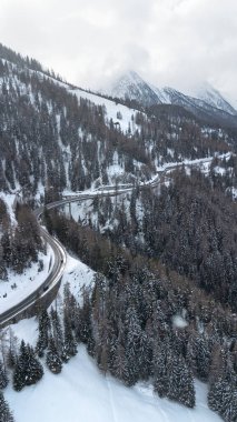 Karlı bir dağ manzarasında dolambaçlı bir yol..