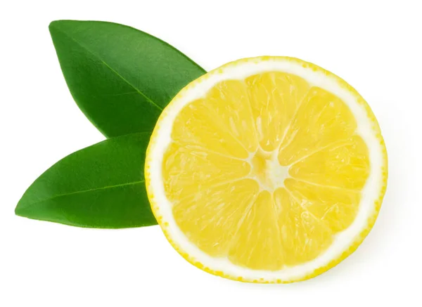 Ripe Juicy Yellow Lemon Slices Green Leaves Isolated White Background — Stock Photo, Image