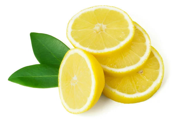 Ripe Juicy Yellow Lemon Slices Green Leaves Isolated White Background — Stock Photo, Image