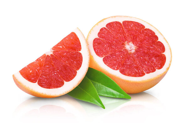 Two juicy sweet grapefruit slices Isolated on white background. Fresh fruits.