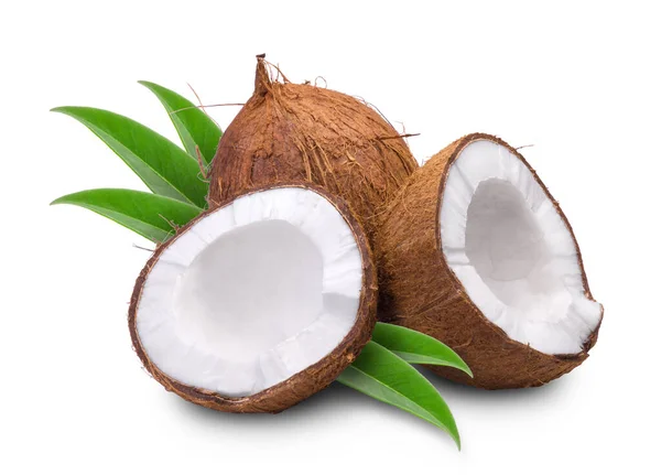 Dojrzałe Słodkie Połówki Kokosowe Kokosowe Liśćmi Palmowymi Wyizolowanymi Białym Tle Zdjęcia Stockowe bez tantiem