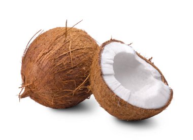 Ripe sweet coconut and half of coconut isolated on white background. clipart