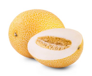 Olgun sulu kavun ve kavun dilimleri beyaz arka planda izole edilmiş. Taze meyve..