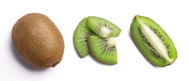 Kiwi Und Scheiben Reife Saftige Kiwi Isoliert Auf Weißem Hintergrund — Stockfoto