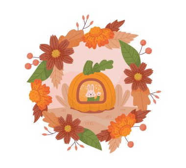Pumpkin house with bunny inside, autumn wreath of leaf and flower, flat cartoon vector illustration, isolated composition for seasonal design.
