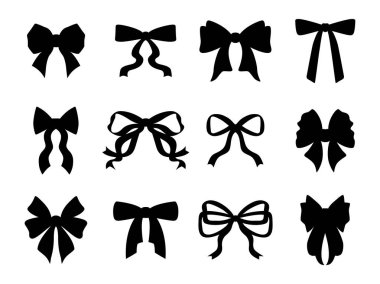 Ribbon bow silhouettes set, flat black shapes of bow and ribbon loop, vector illustration, isolated collection for cut file and decoration design.