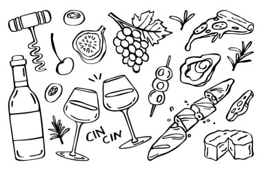 Siyah beyaz çizgi çizili aperatif elementler, şarap şişesi, tıkırdayan bardaklar, tirbuşon, üzüm, incir, kiraz, zeytin, biberiye, istiridye, pizza dilimi, baget, peynir çarkı, şiş,