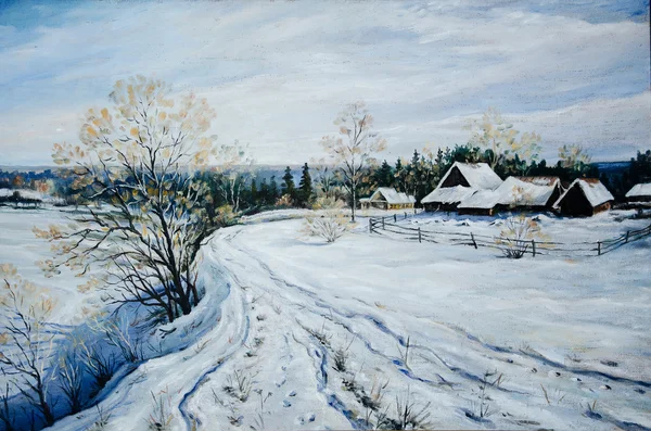 Pintura aceite invierno pueblo — Foto de Stock