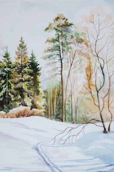 Måla akvarell vintern trä — Stockfoto