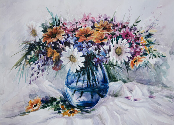 Painting watercolor still life of flowers — Stock Photo, Image