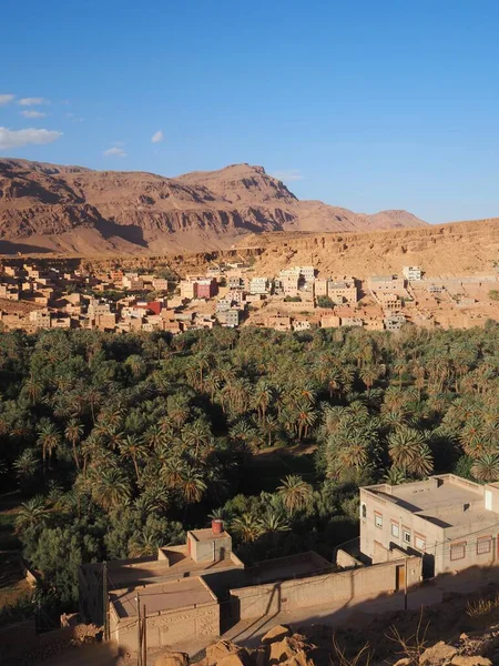 Turuncu Atlas Dağları arasında yeşil bir palmiye vahası, Tinghir şehrinin manzarası. Fas 'a Seyahat.