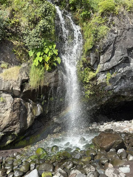 Atlantik kıyısındaki Seixal siyah kumsalında şelale. Portekiz, Madeira Adası 'nın fantastik doğası.
