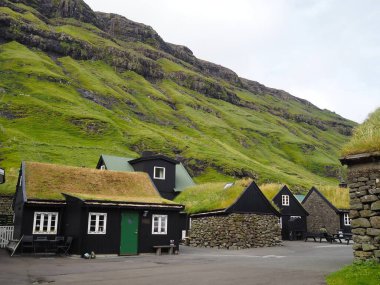 Faroe Adaları 'nın yemyeşil kuzey manzaraları. Traymoy Adası, Tjornuvik köyünün çatısında yeşil çimenli geleneksel siyah Faroe evleri.