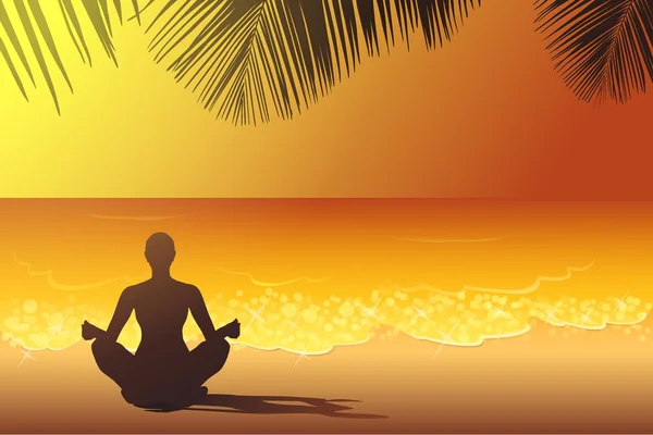 Yoga gün batımında sahilde — Stok Vektör