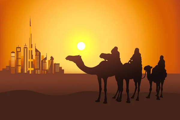 Верблюда Вершники в пустелі, поблизу міста Дубаї — стоковий вектор