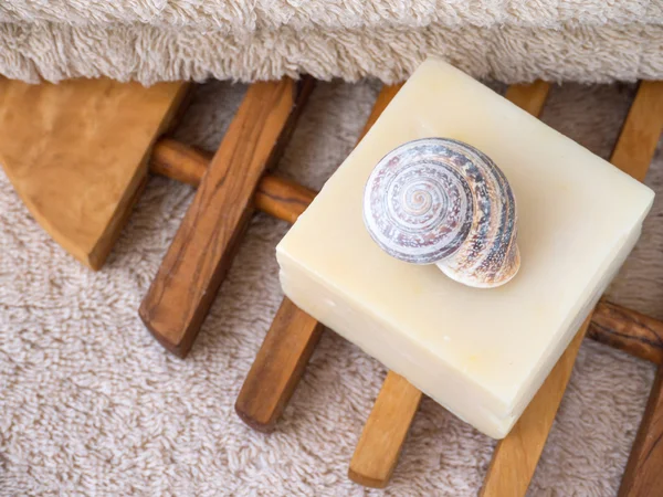 Přírodní mýdlo bar, Šnek shell a Froté ručník — Stock fotografie