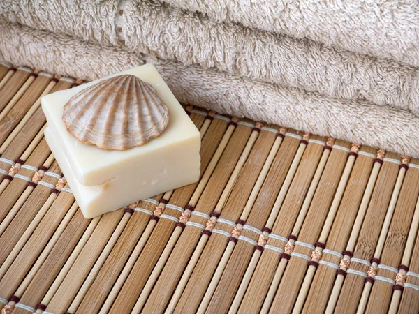 Mjölkens naturliga soap bar, kammussla skal och terry handduk — Stockfoto