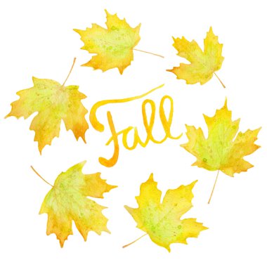 Sarı sonbahar suluboya el çizilmiş yazı ve akçaağaç yaprakları