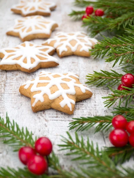 Árbol de Navidad y bayas rojas y galletas estrella —  Fotos de Stock