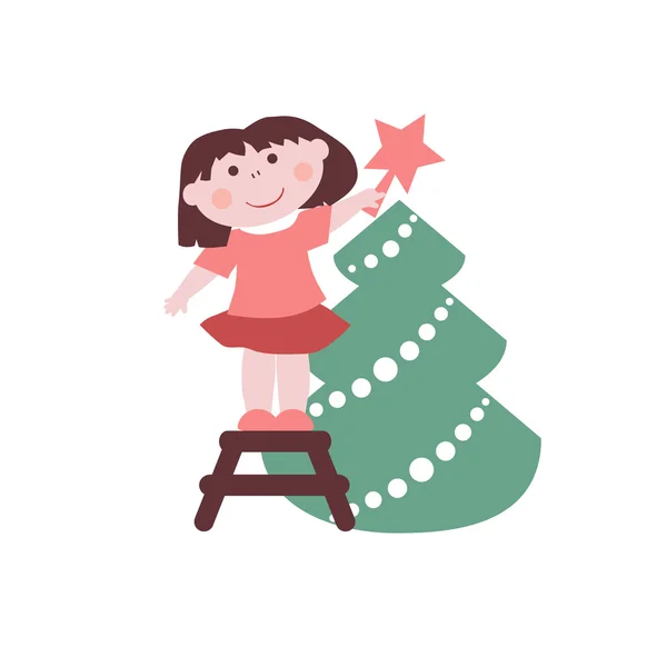 Little girl decorates Christmas tree — Stock Vector
