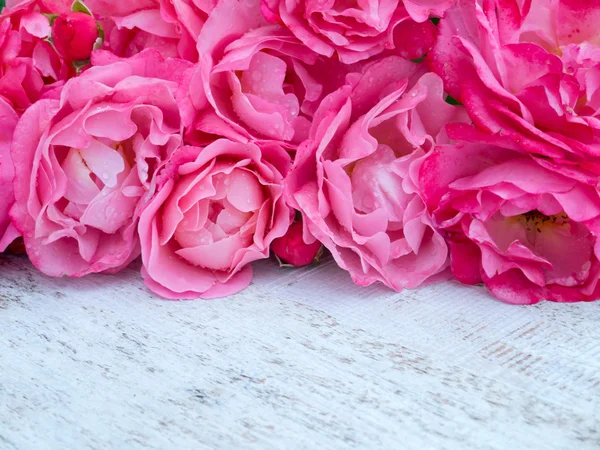 Rosas rosa buquê no fundo branco pintado rústico — Fotografia de Stock