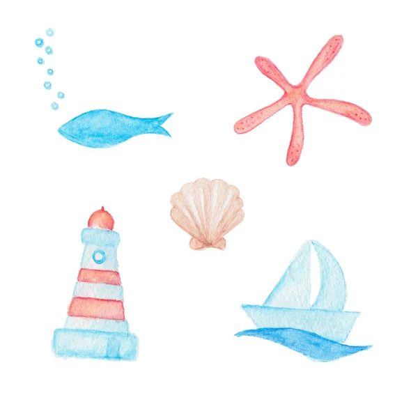 Dibujos de peces azules, estrellas de mar rojas, conchas, barcos y faro —  Fotos de Stock