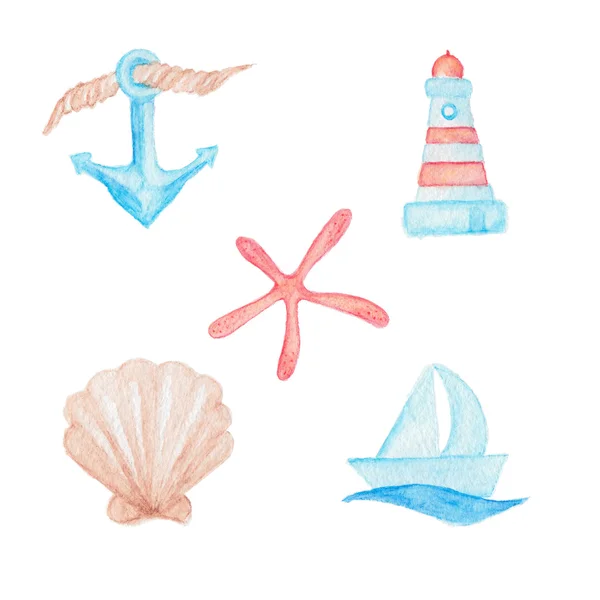 Ancla, barco, faro, concha marina y el dibujo marítimo de estrellas de mar —  Fotos de Stock