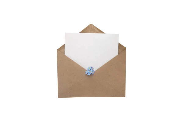 Enveloppe Papier Kraft Avec Carte Blanche Vierge Fleurs Bleues Forget — Photo