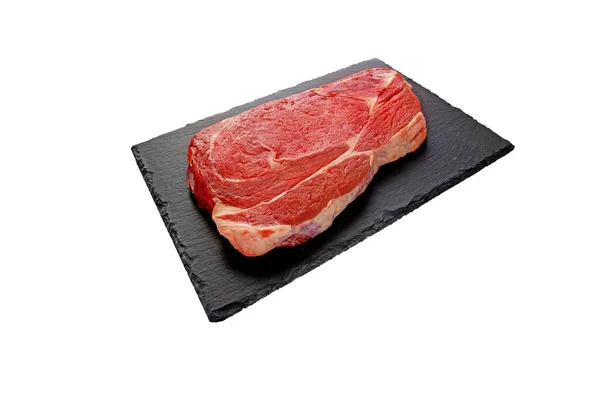 Juicy Raw Meat Cut Beef Entrecote Slice Black Textured Slate — Stock Photo, Image