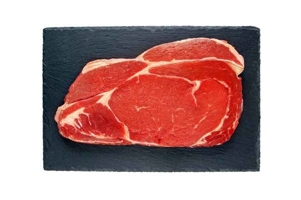 Corte Jugoso Carne Cruda Rebanada Entrecote Res Placa Pizarra Texturizada —  Fotos de Stock