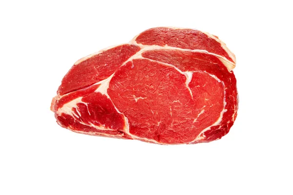 Corte Carne Crua Suculento Fatia Entrecote Carne Isolada Branco — Fotografia de Stock