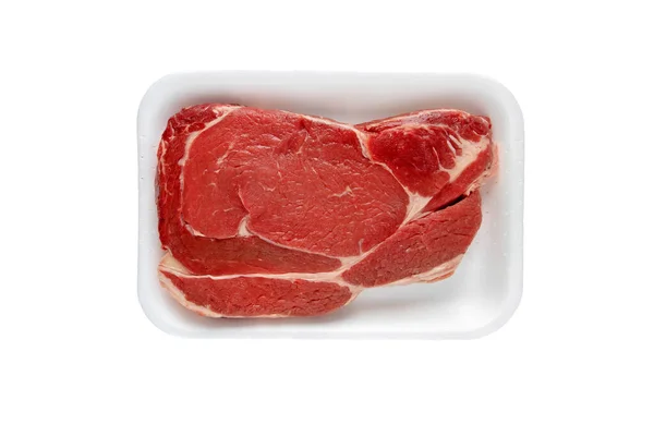 Juicy Raw Meat Cut Beef Entrecote Slice Plastic Foam Tray — Stock Photo, Image