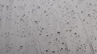Kış kasırgası sırasında camlardan süzülen kalın ipler. Gri bulutlu gökyüzü ve fırtınalı hava doğal yağmur dokularıyla dengesiz bir atmosfer yaratıyor..