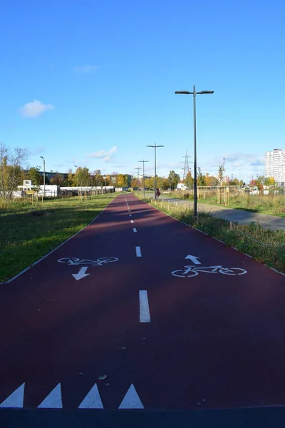 Sokak Işıklı Modern Çift Taraflı Bisiklet Yolu Uzun Perspektifi