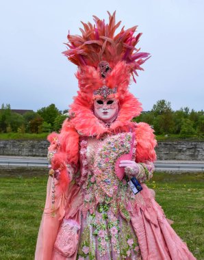 Özenle hazırlanmış Tüylü Pembe Fantezi Maskeli Balo Görünümü ve Süslü Ayrıntılar