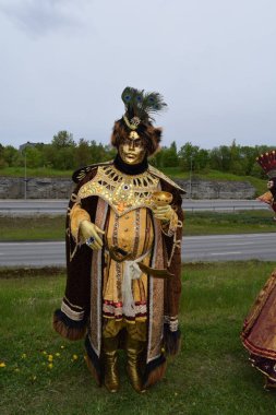 Lüks Maskeli Süslü Altın Asilzade Tavus kuşu tüyü ve Altın Kadehle.